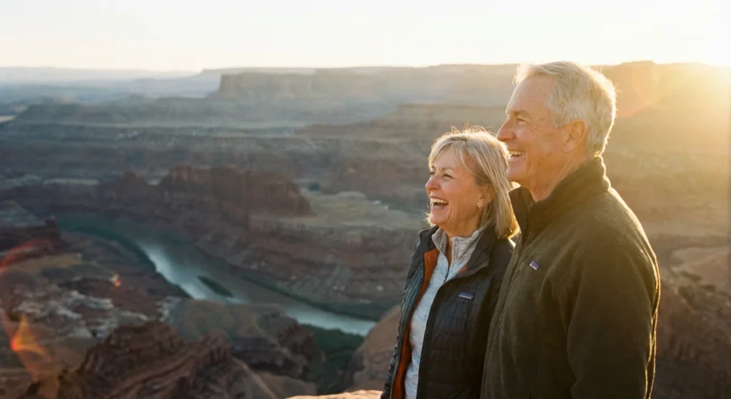 A happy retired couple looking out over a beautiful scenic vista during sunset.