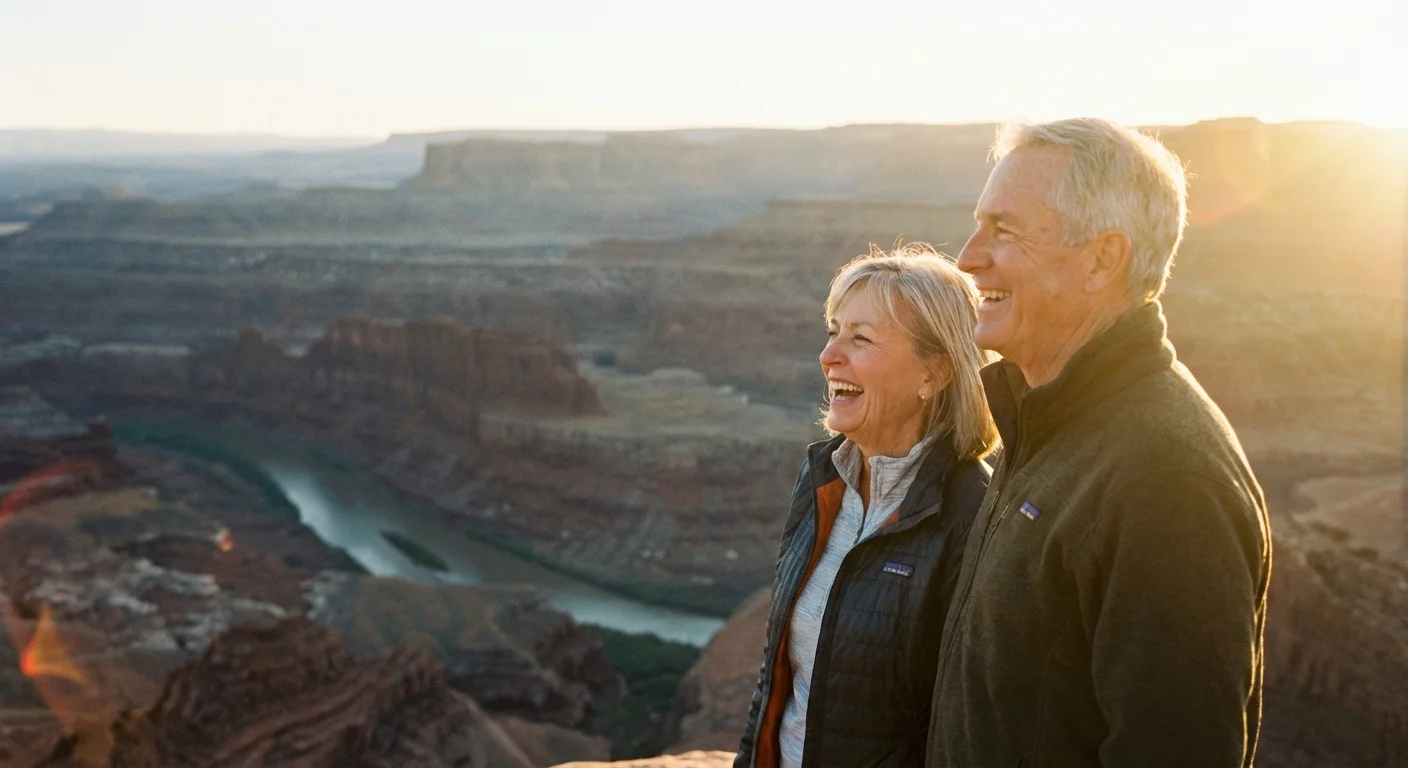 A happy retired couple looking out over a beautiful scenic vista during sunset.