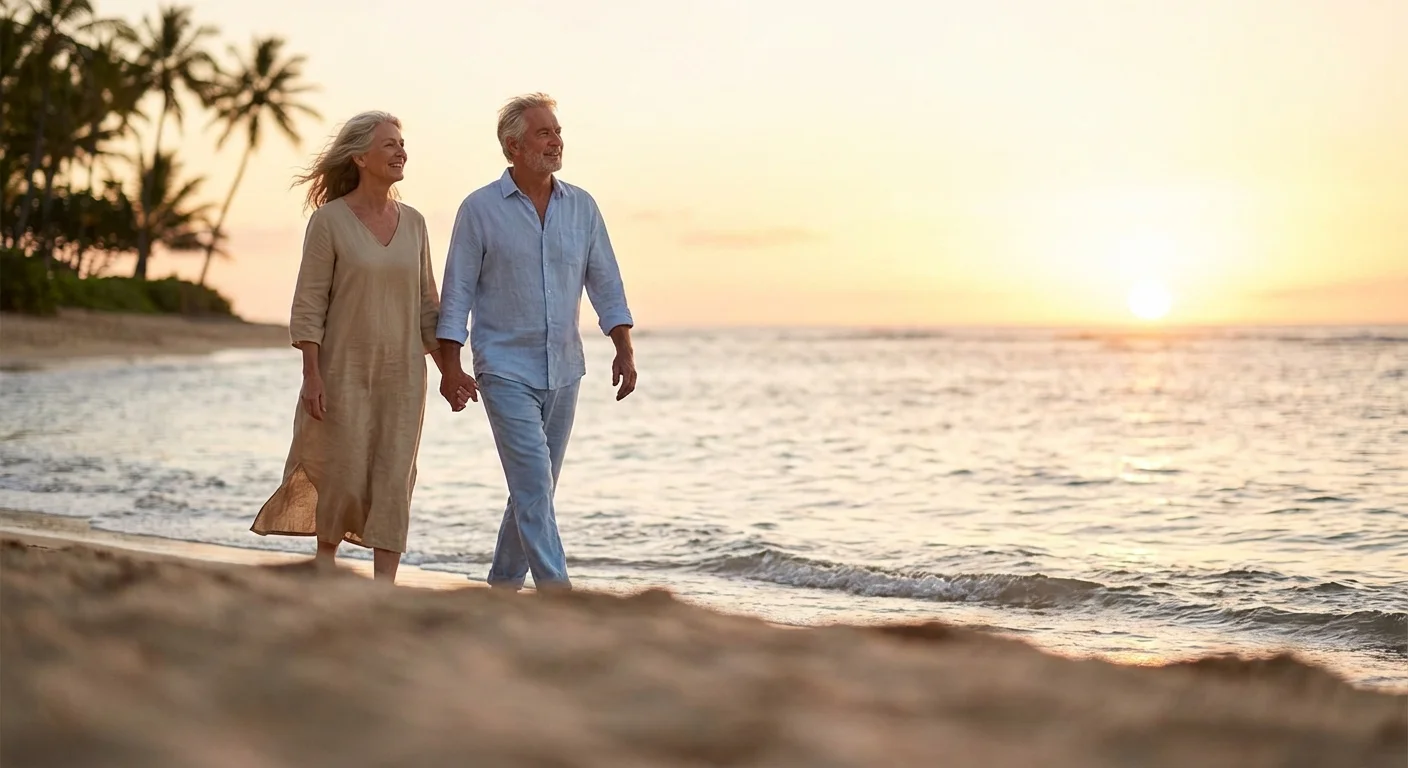 A happy retired couple walking on a beach at sunset, symbolizing a fulfilling retirement.