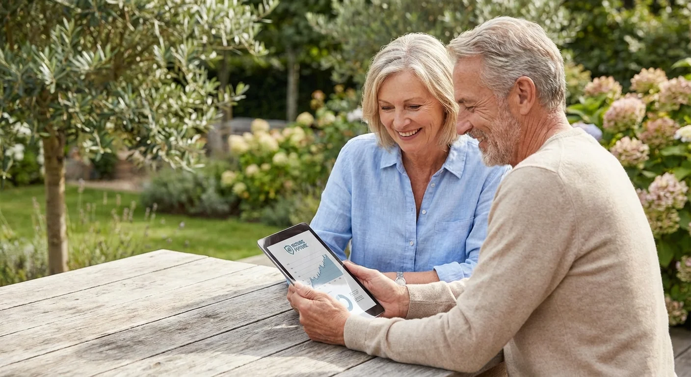 A happy senior couple looking at a tablet together on a sunny porch, representing a stress-free retirement.