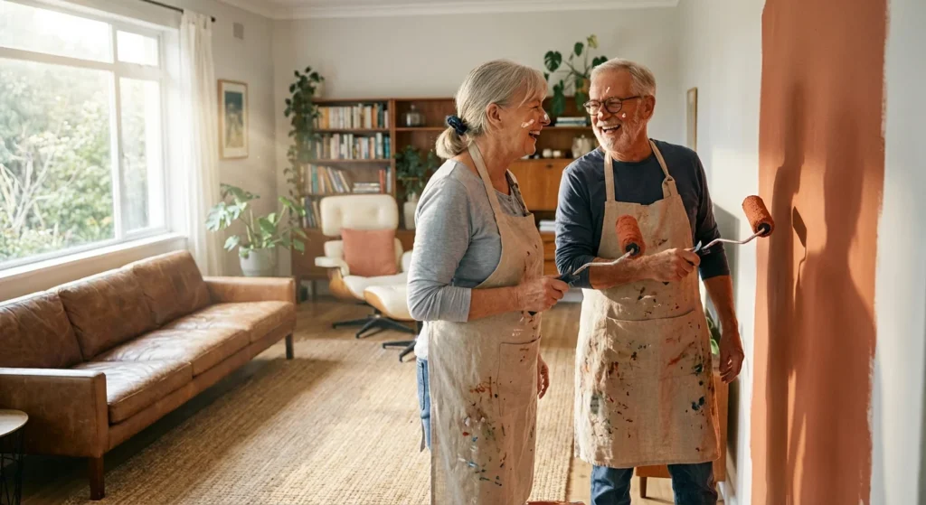 A happy senior couple painting an accent wall in a bright, modern living room.