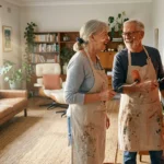 A happy senior couple painting an accent wall in a bright, modern living room.