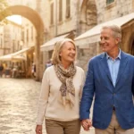 A happy senior couple walking through a sunny, charming town square, representing a peaceful retirement.