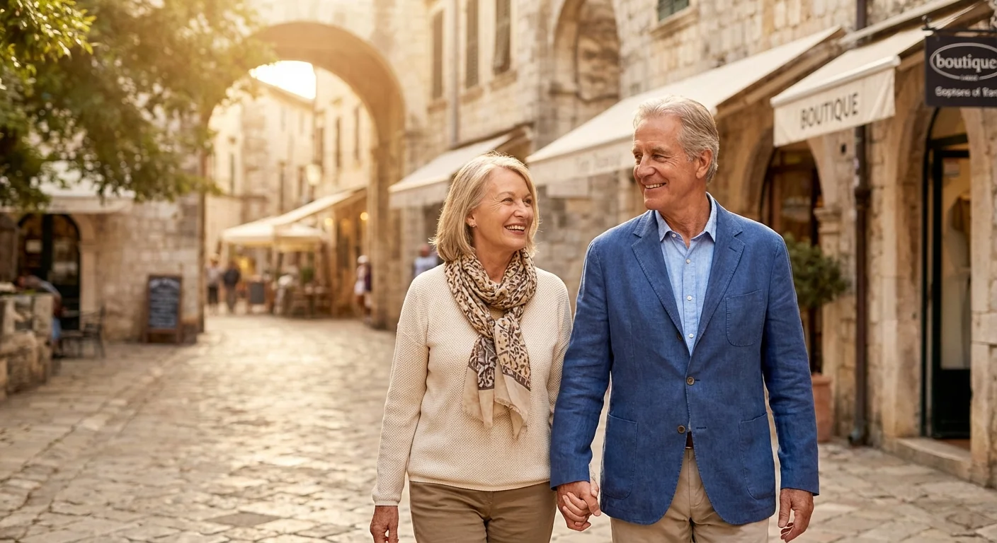A happy senior couple walking through a sunny, charming town square, representing a peaceful retirement.