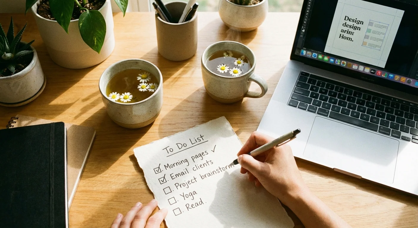 A high-angle view of a checklist being completed next to a laptop and tea.