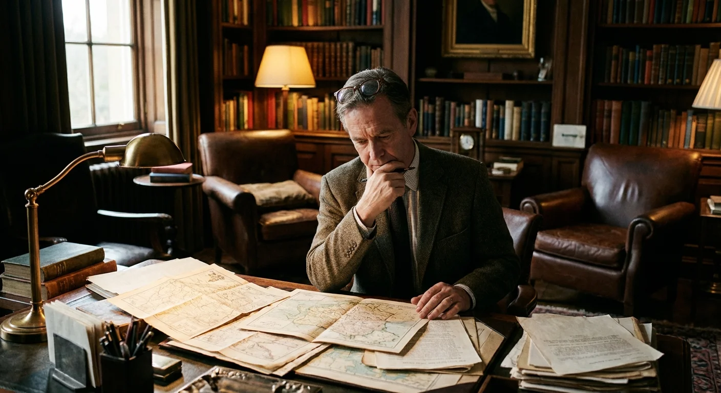 A man carefully reviewing documents in a home library.