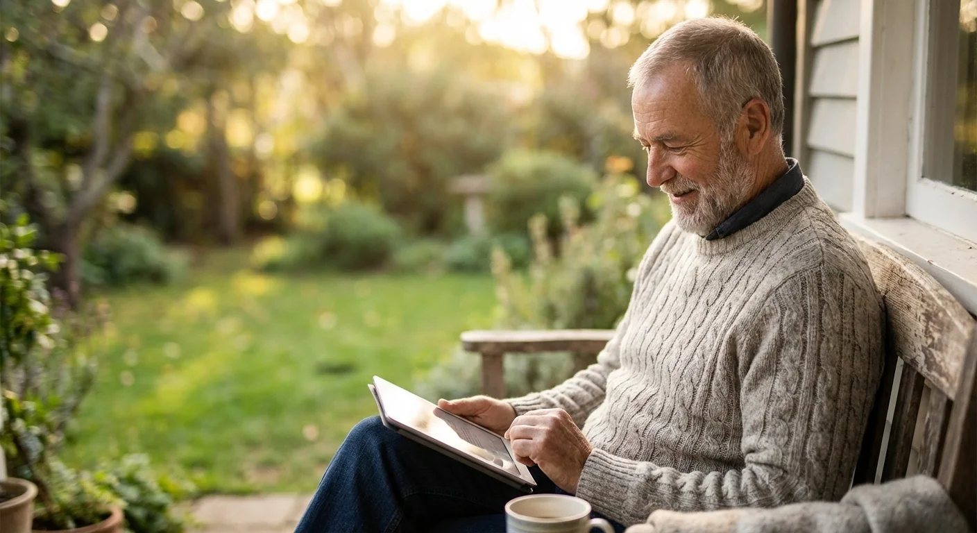 A man checking his financial status on a tablet while relaxing outdoors.