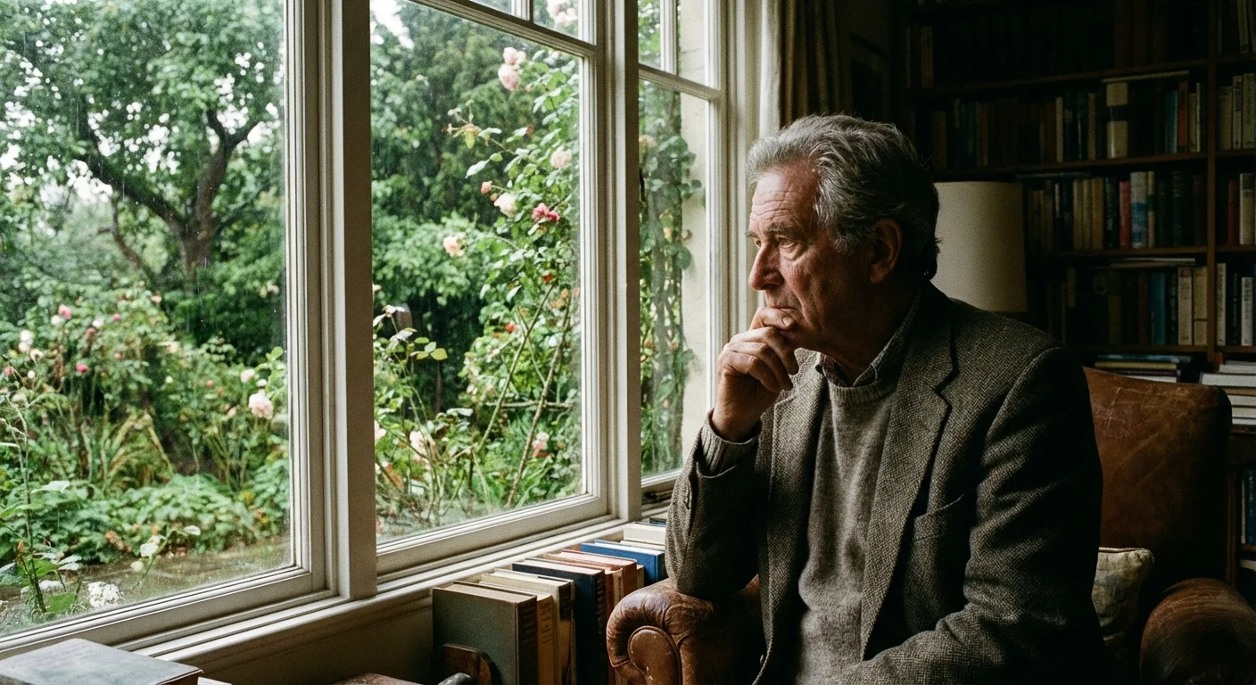 A man looking out a window with a thoughtful, serious expression.