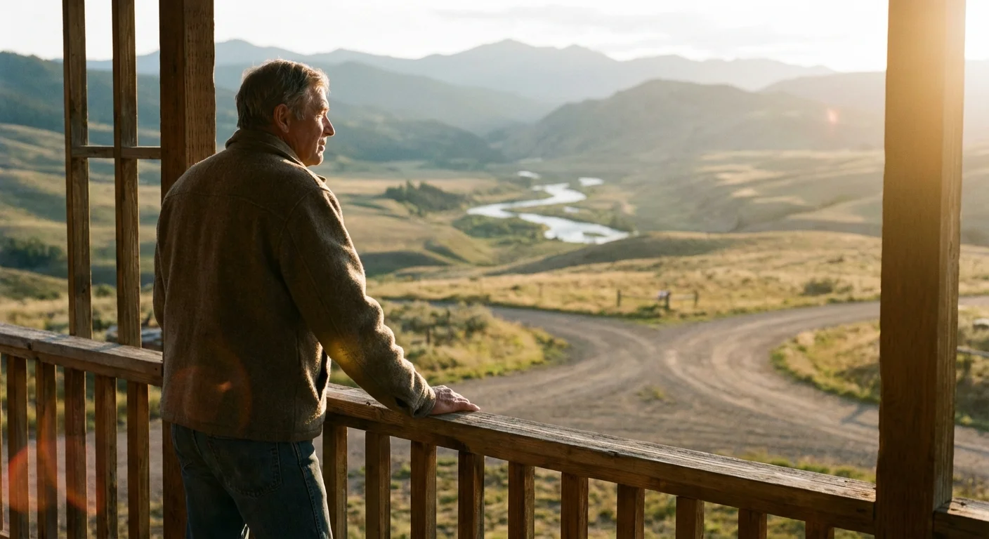 A man standing on a porch looking at a scenic view, reflecting on the strategic decisions of retirement timing.