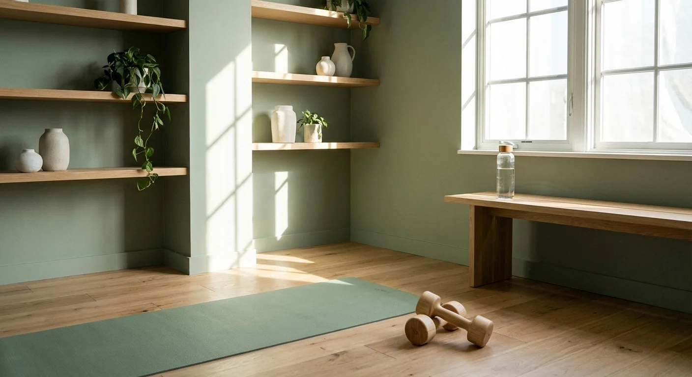A minimalist home workout space with a yoga mat and light weights.