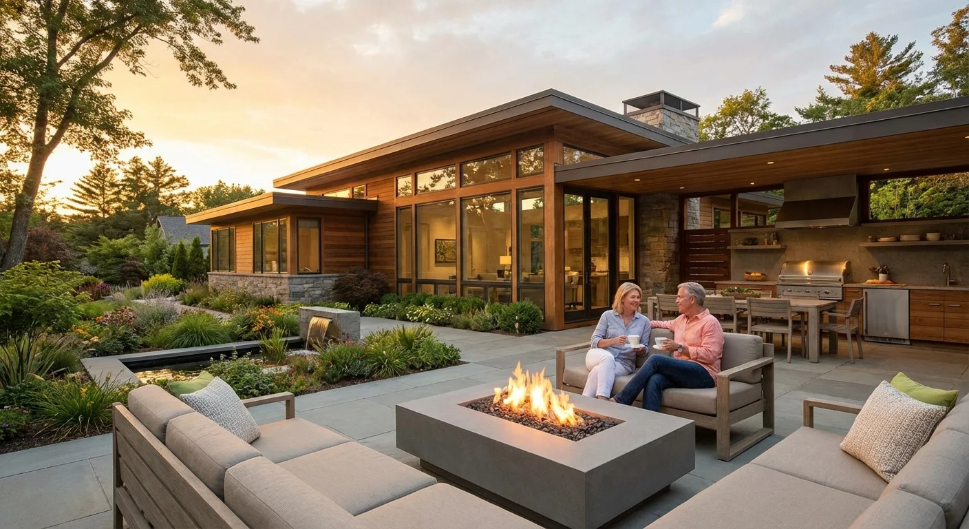 A modern, accessible retirement home with a beautiful outdoor patio at sunset.