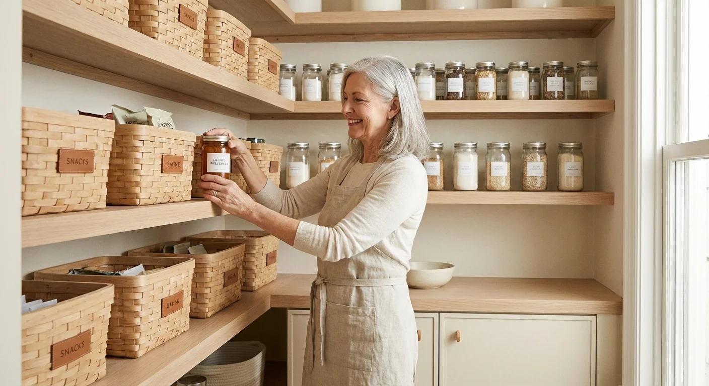 A neatly organized home pantry with labeled bins and glass containers.