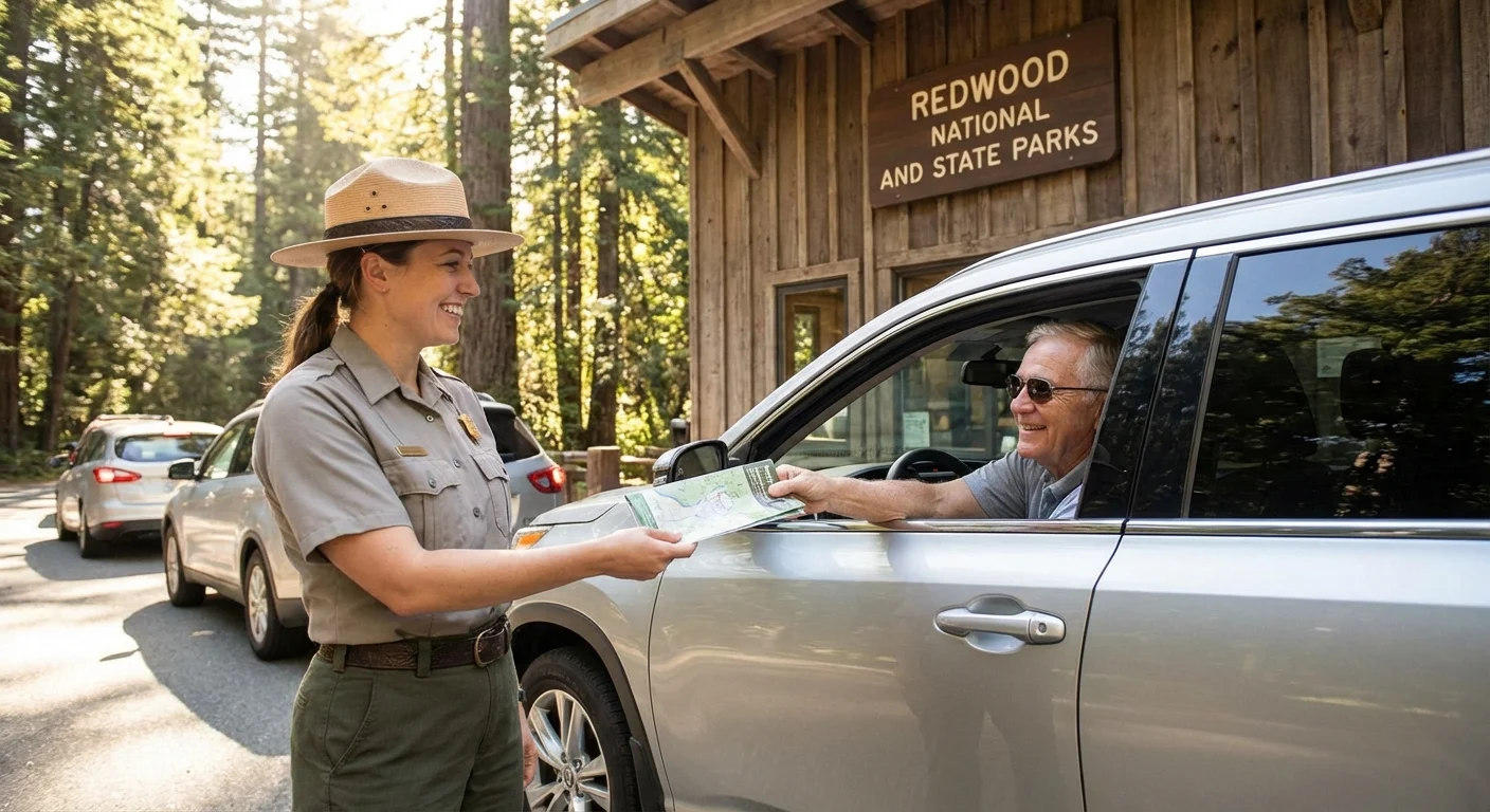 A park ranger greeting a senior visitor at a park entrance booth.