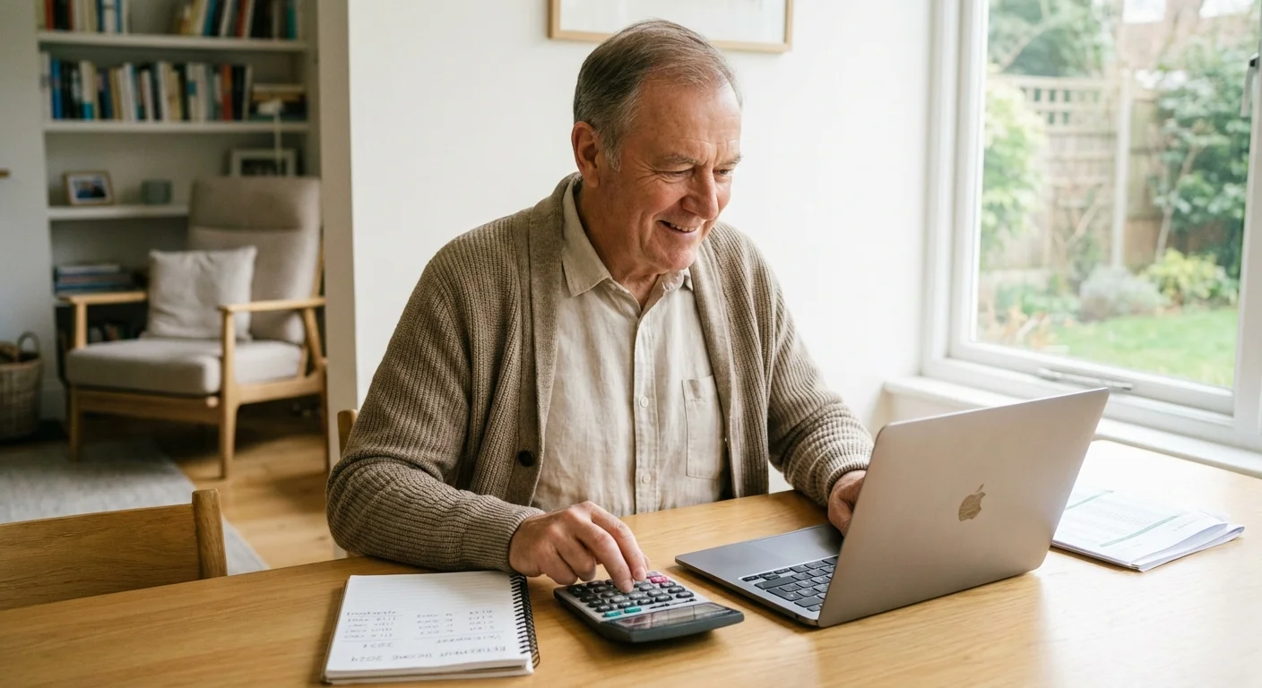 A person using a calculator and laptop at a desk, symbolizing the calculation of Social Security benefits.
