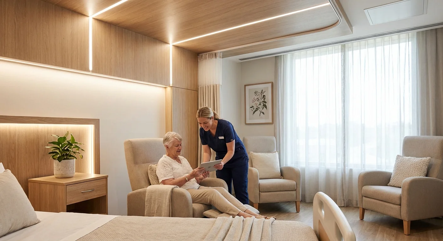 A professional nurse providing care to a senior patient in a modern, sunlit hospital room.