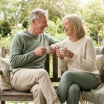 A relaxed couple in their 60s enjoying retirement on a sunny porch, representing financial and health security.
