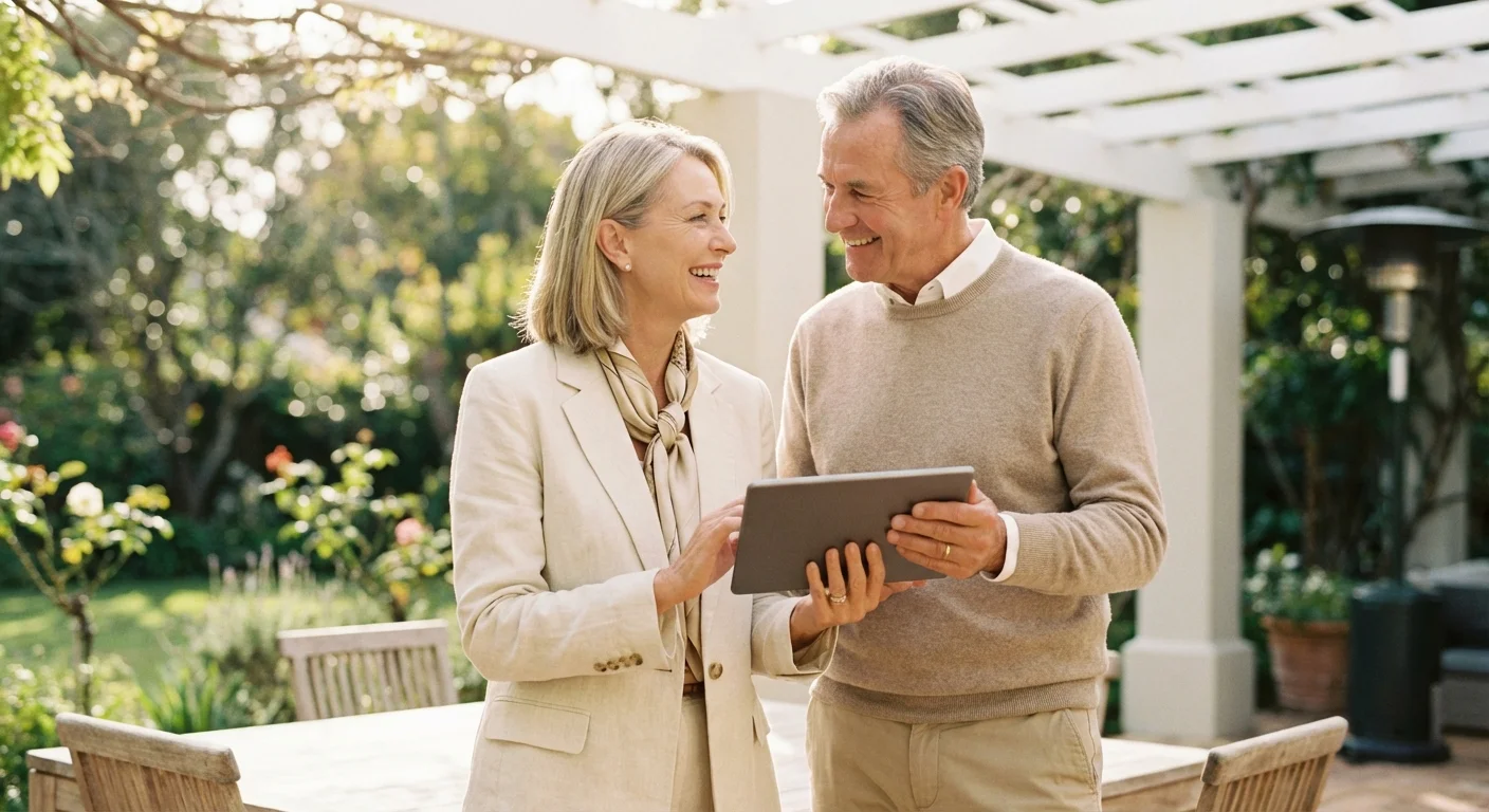 A retired couple smiling while looking at a tablet on a sunny patio, symbolizing financial security.