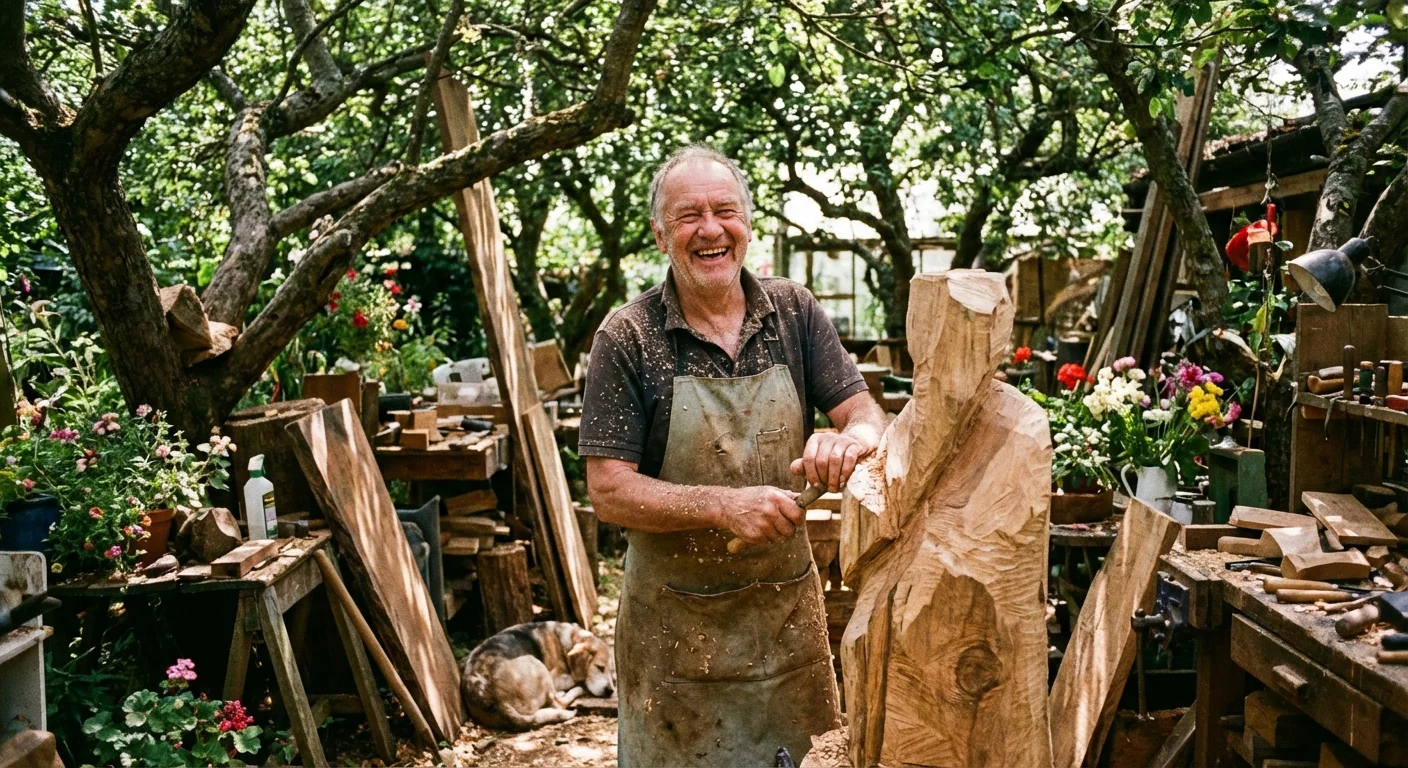 A retired man joyfully working on a woodworking project in a sunlit outdoor space.