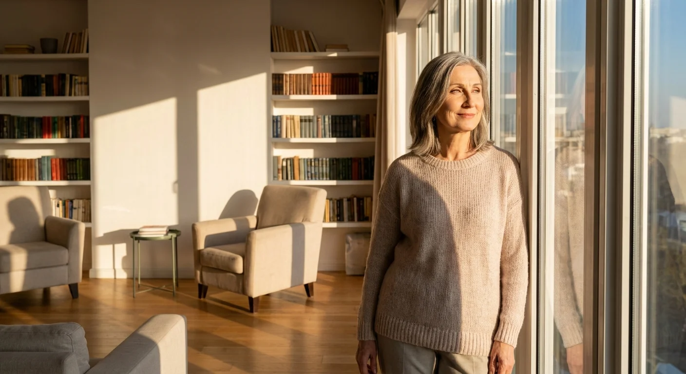 A retired woman looking peacefully out of a window in a bright, clutter-free home, representing a debt-free life.
