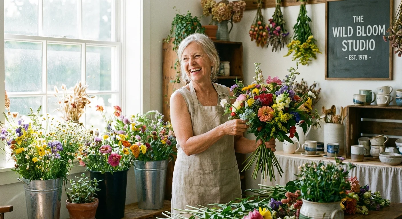 A retired woman working in a floral studio, showing the balance of work and retirement.
