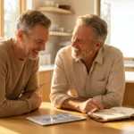 A senior couple confidently planning their finances at a sunlit kitchen table.