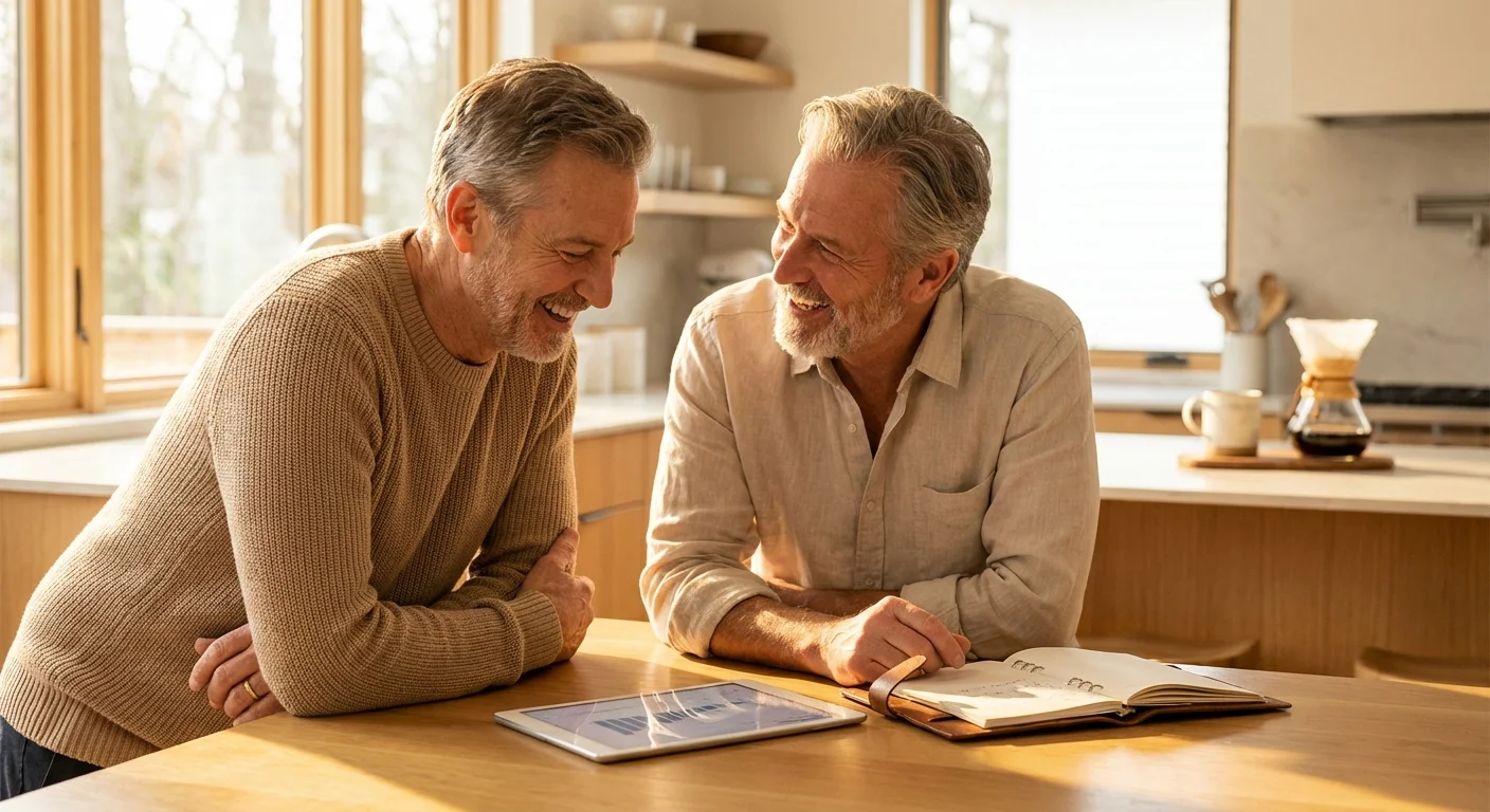 A senior couple confidently planning their finances at a sunlit kitchen table.