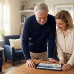 A senior couple confidently reviewing Medicare options on a tablet in their sunlit home office.