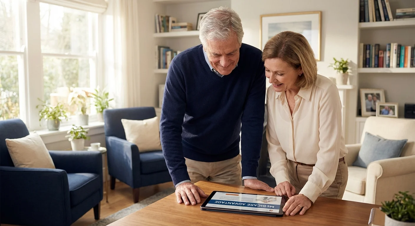A senior couple confidently reviewing Medicare options on a tablet in their sunlit home office.