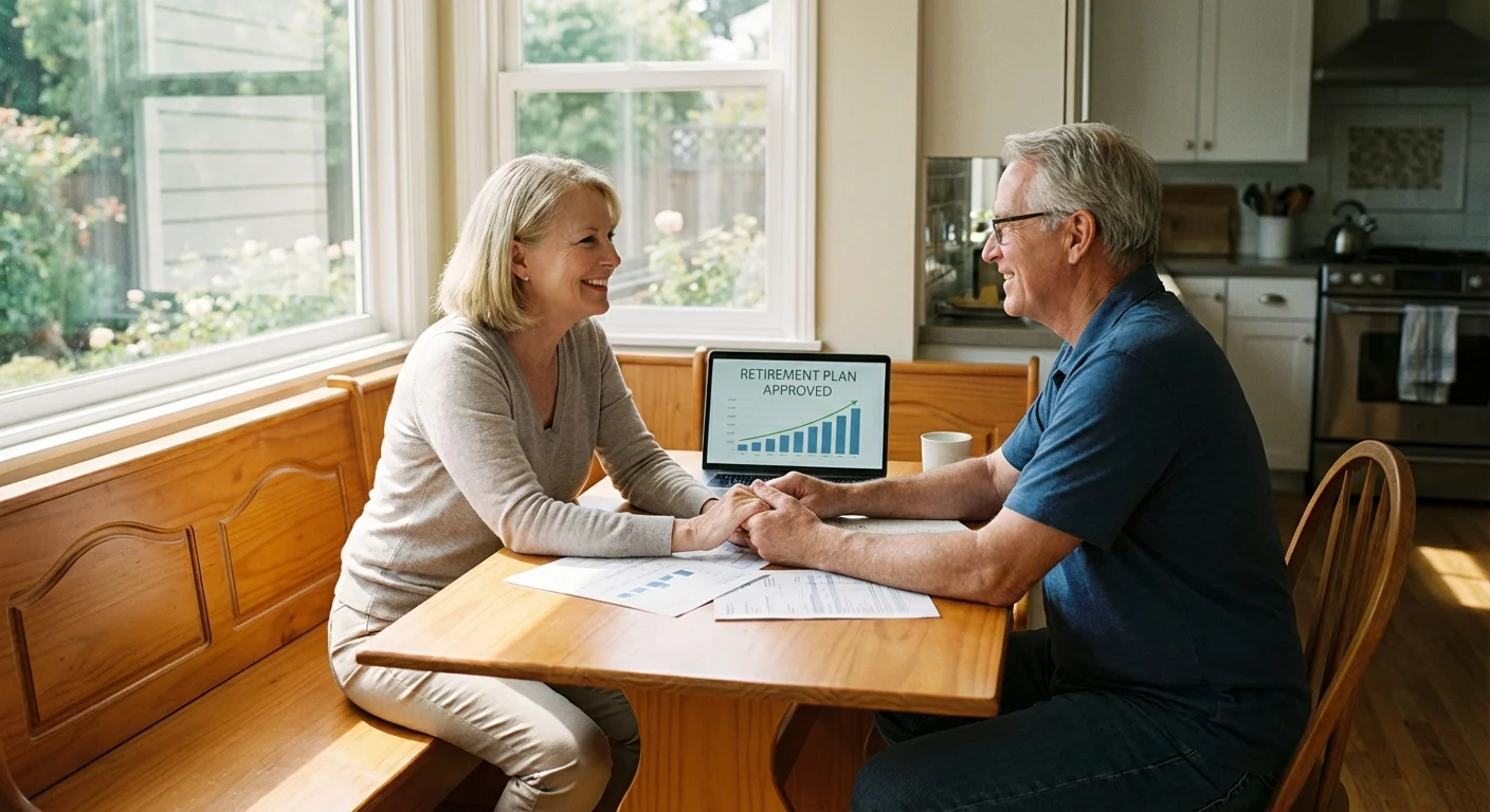 A senior couple confidently reviewing their retirement finances together in a sunny kitchen.