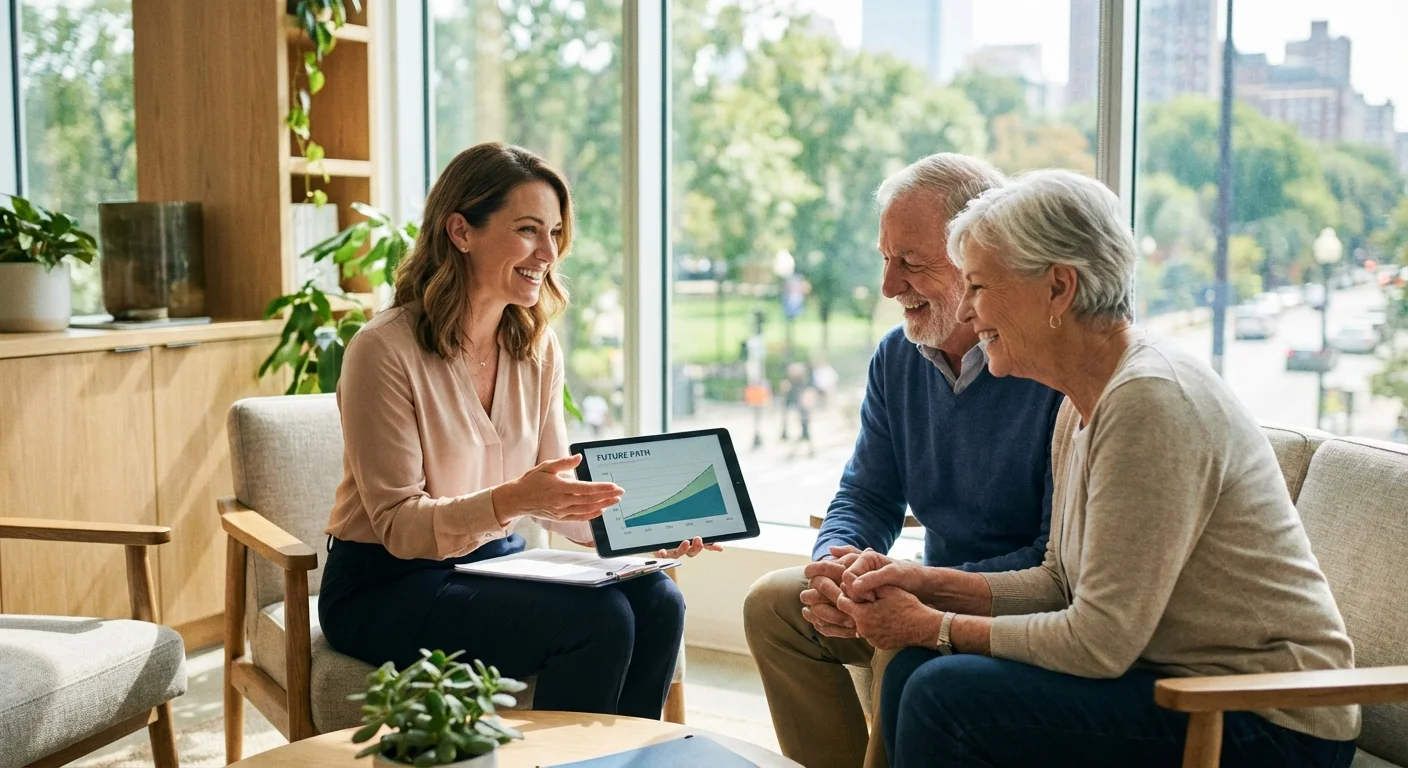A senior couple consulting with a professional advisor in a bright, modern office.