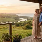 A senior couple enjoying a scenic coastal view from their porch during golden hour, representing a fulfilling retirement.