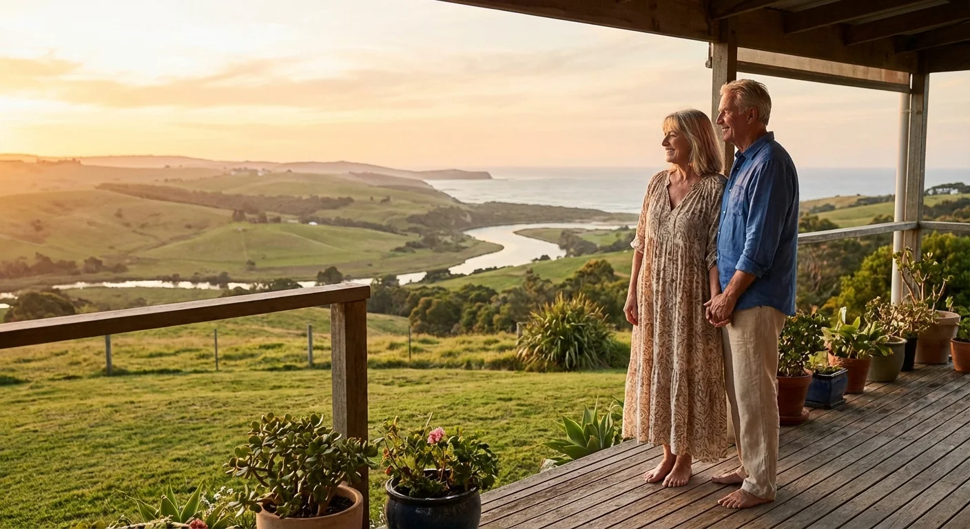 A senior couple enjoying a scenic coastal view from their porch during golden hour, representing a fulfilling retirement.