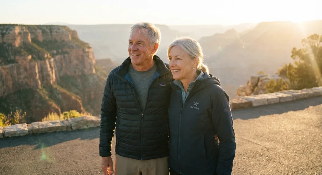 A senior couple enjoying a scenic sunset at a Grand Canyon overlook.