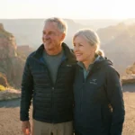 A senior couple enjoying a scenic sunset at a Grand Canyon overlook.