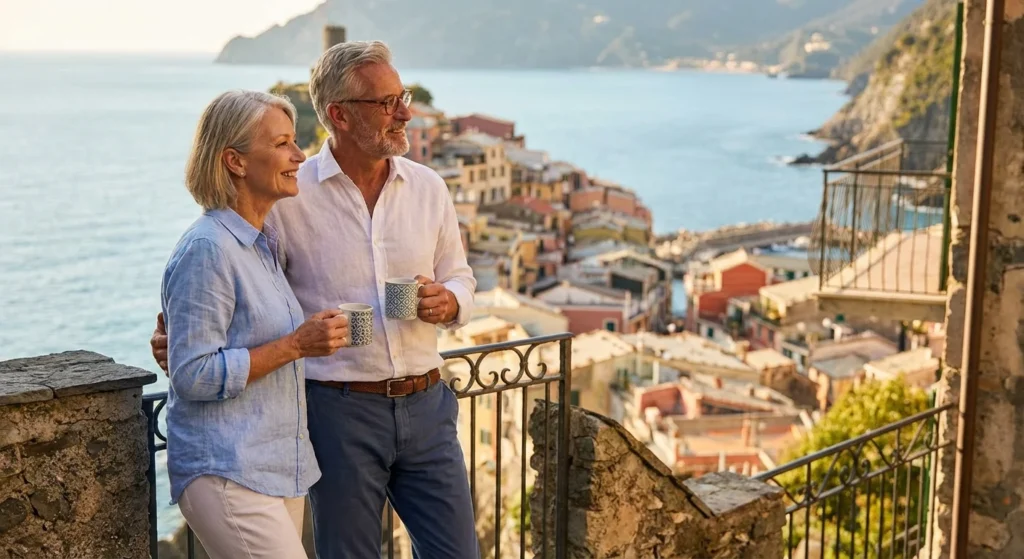 A senior couple enjoys a scenic coastal view from a balcony, symbolizing a relaxed retirement travel lifestyle.