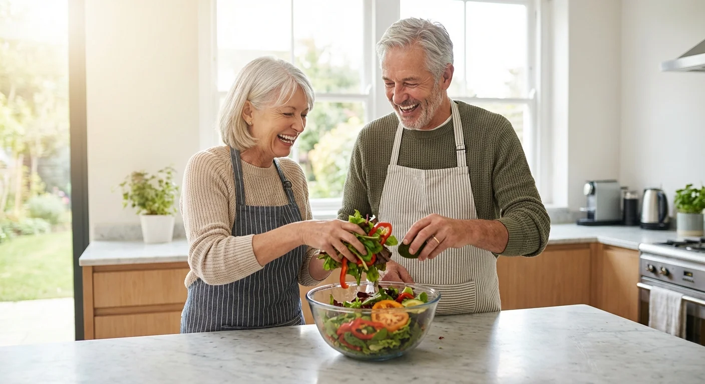 A senior couple happily preparing a healthy meal together in a bright, sunlit kitchen.