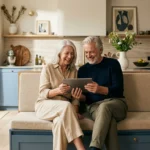 A senior couple in a sunlit kitchen looking at a tablet together, smiling and feeling confident about their retirement plans.