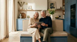 A senior couple in a sunlit kitchen looking at a tablet together, smiling and feeling confident about their retirement plans.
