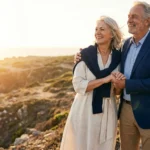 A senior couple looking at a sunset over the ocean, symbolizing a secure and happy retirement.