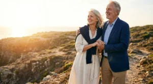 A senior couple looking at a sunset over the ocean, symbolizing a secure and happy retirement.