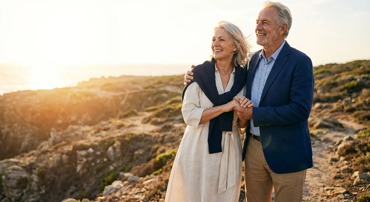 A senior couple looking at a sunset over the ocean, symbolizing a secure and happy retirement.