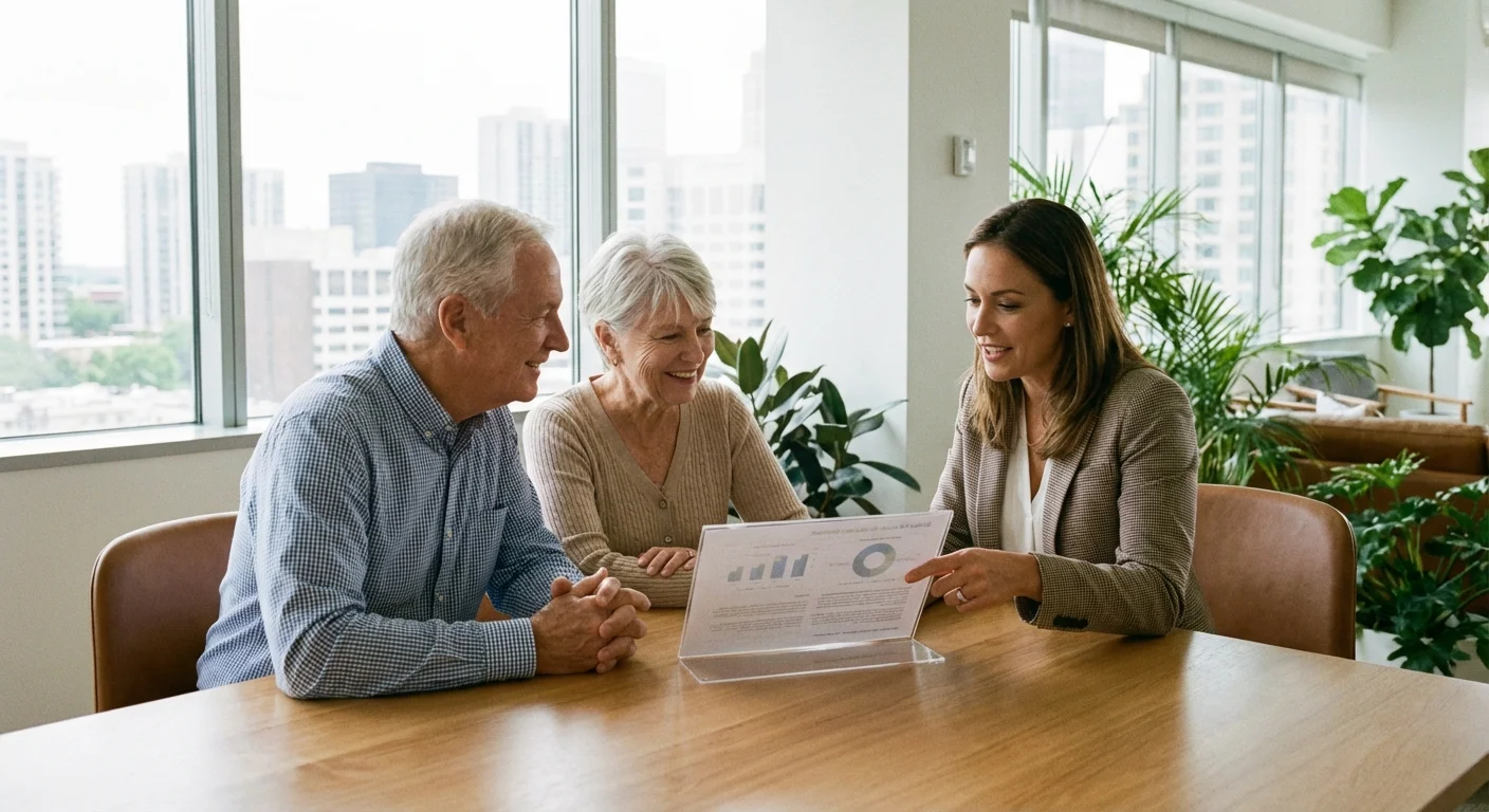 A senior couple meeting with a professional advisor in a bright, upscale office.