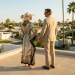 A senior couple overlooking a variety of modern retirement housing options during golden hour.