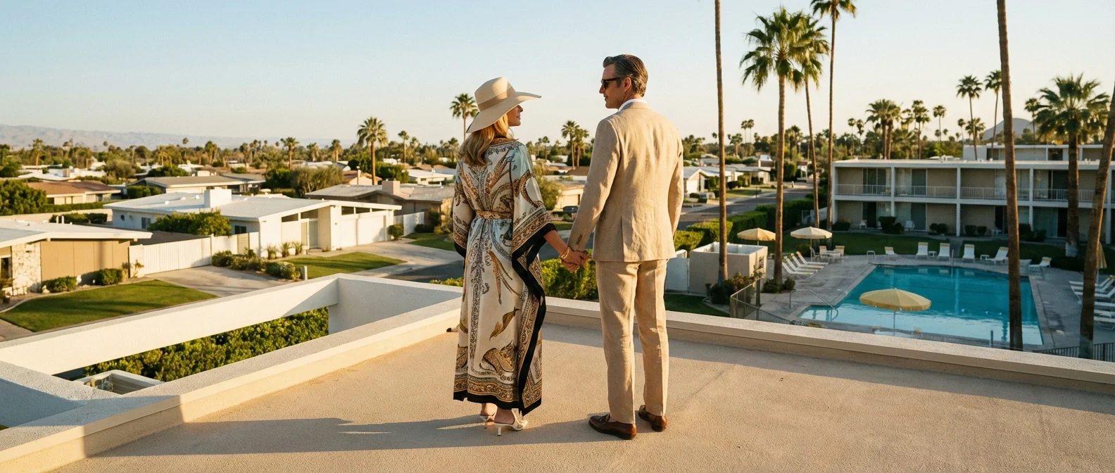 A senior couple overlooking a variety of modern retirement housing options during golden hour.