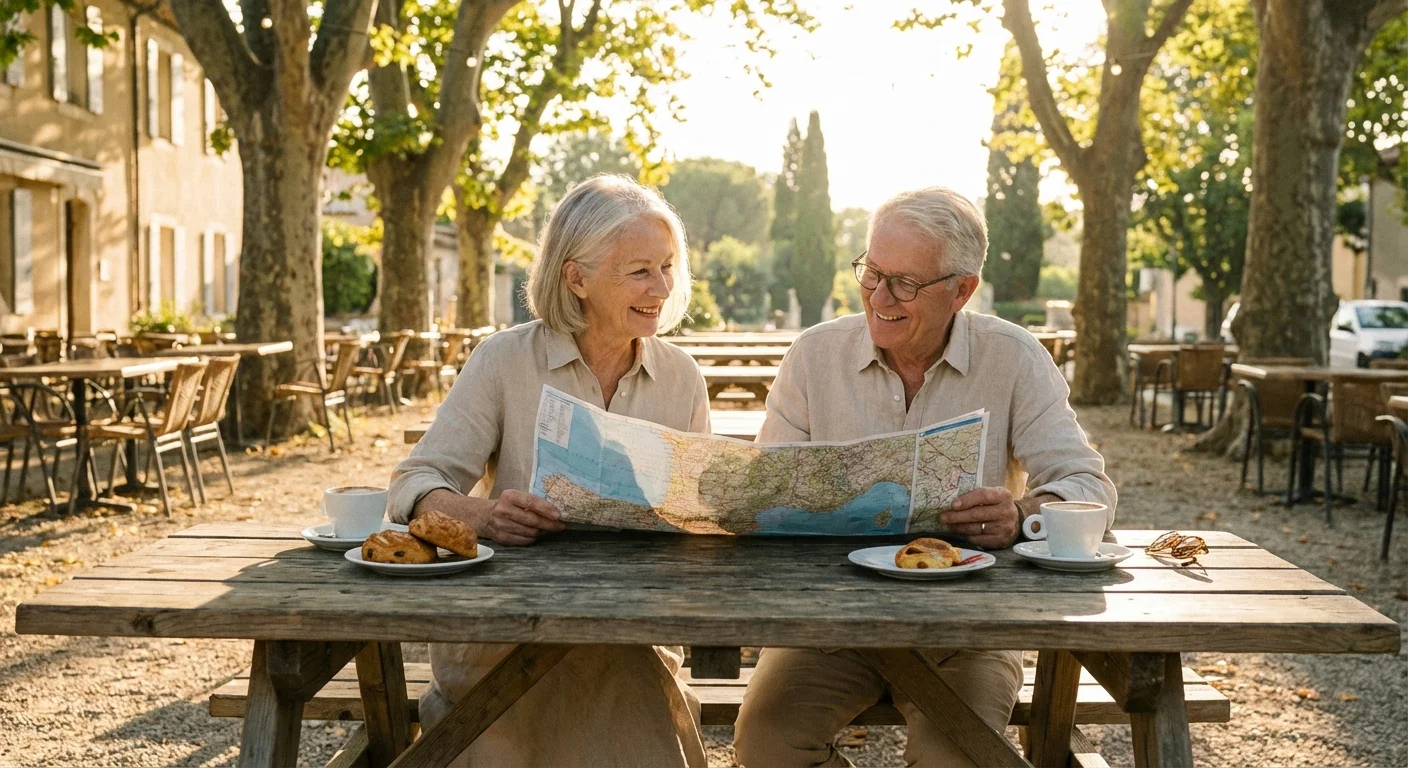 A senior couple relaxing at an outdoor cafe with a travel map.