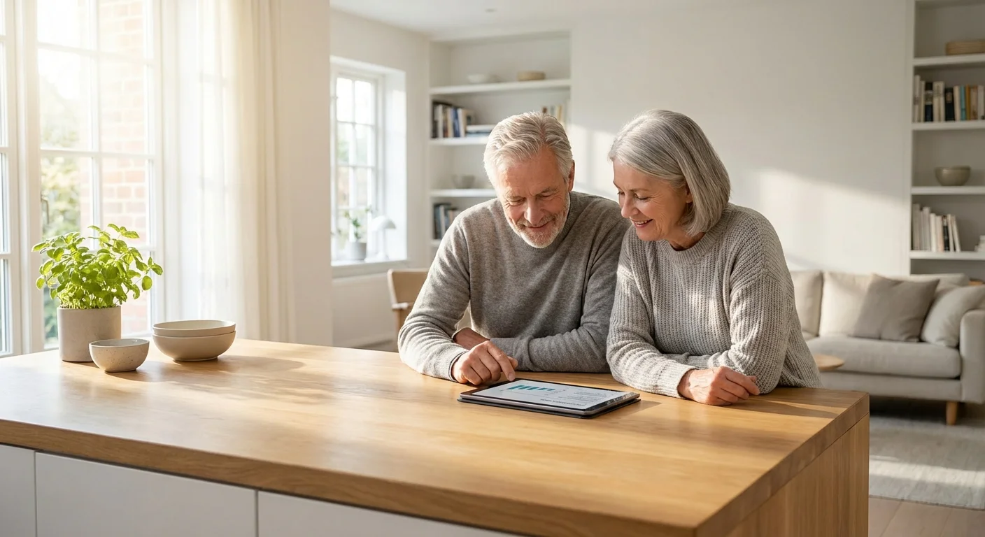 A senior couple reviewing financial plans on a tablet in a bright, modern kitchen.