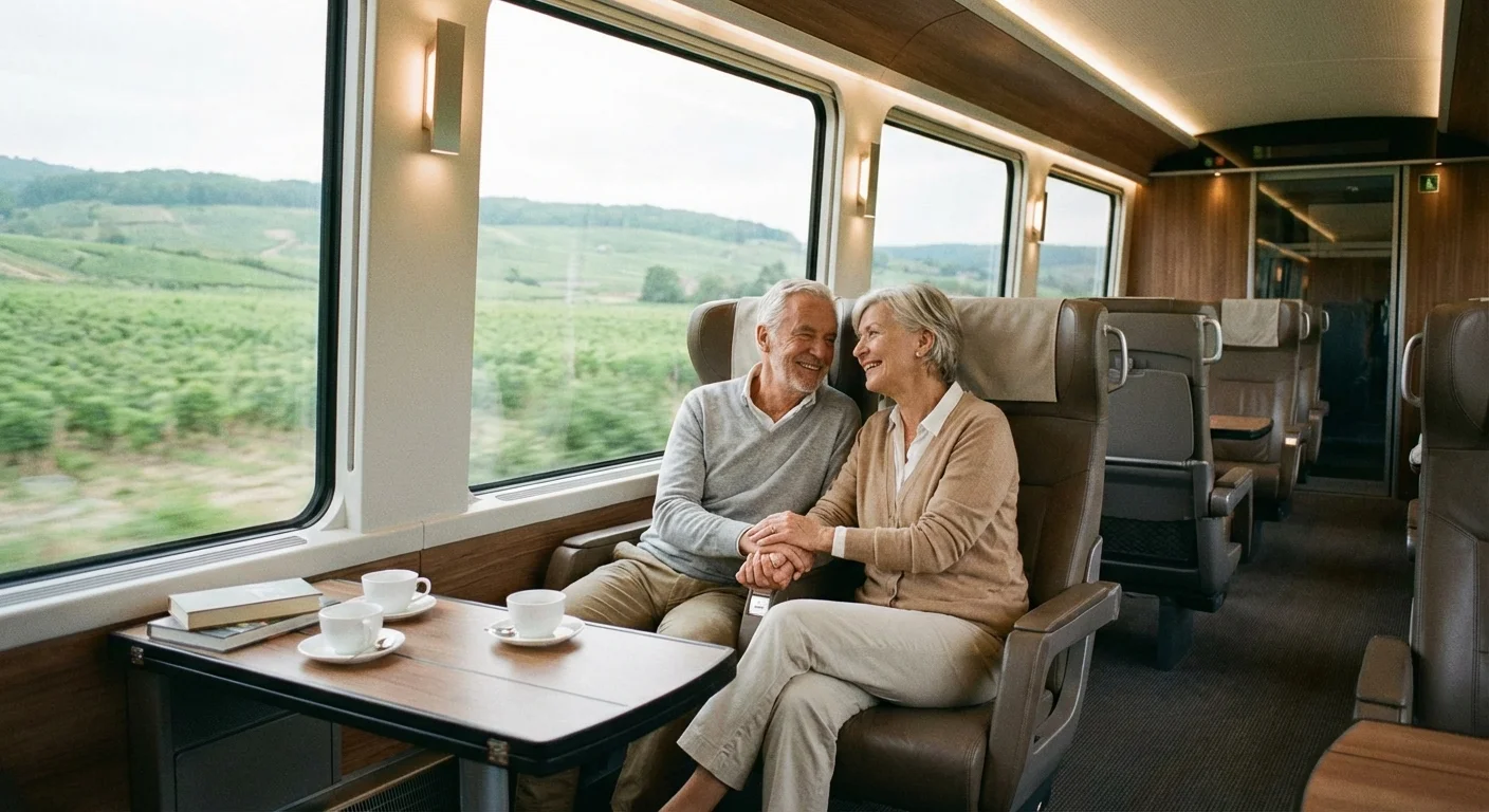 A senior couple traveling by train through a scenic landscape, representing smart transportation choices.