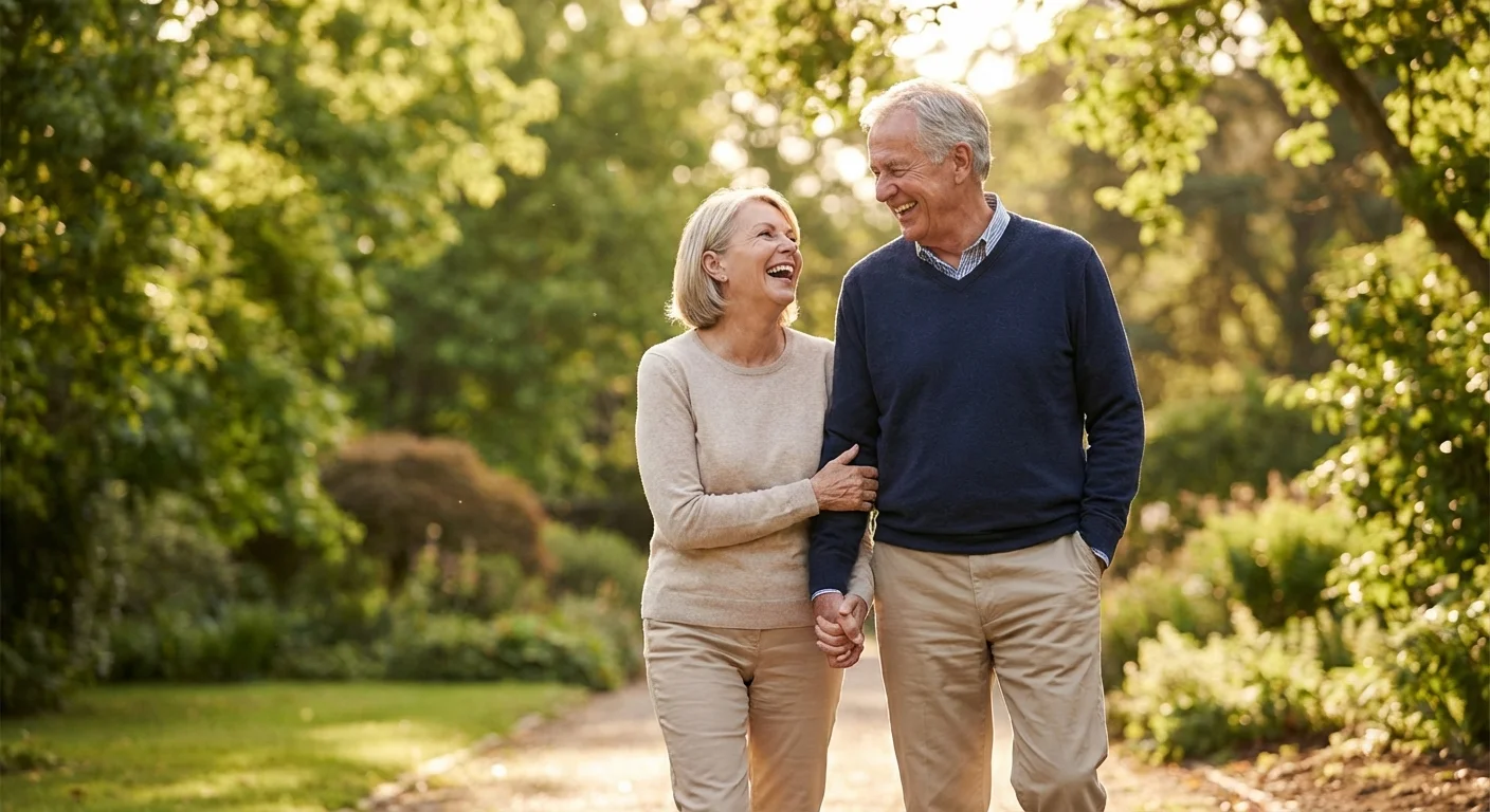 A senior couple walking happily in a park, representing the shared benefits and security of spousal Social Security.