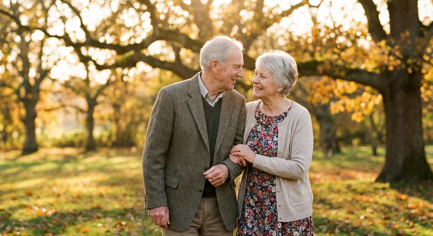 A senior couple walking together in a park, symbolizing spousal support and benefits.