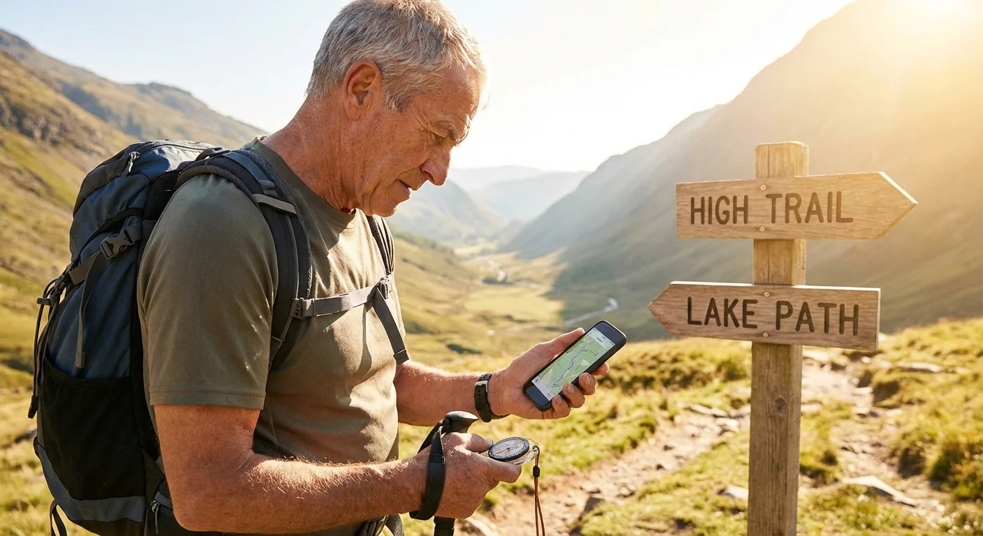 A senior hiker checking a map at a trail crossroads, representing careful navigation.